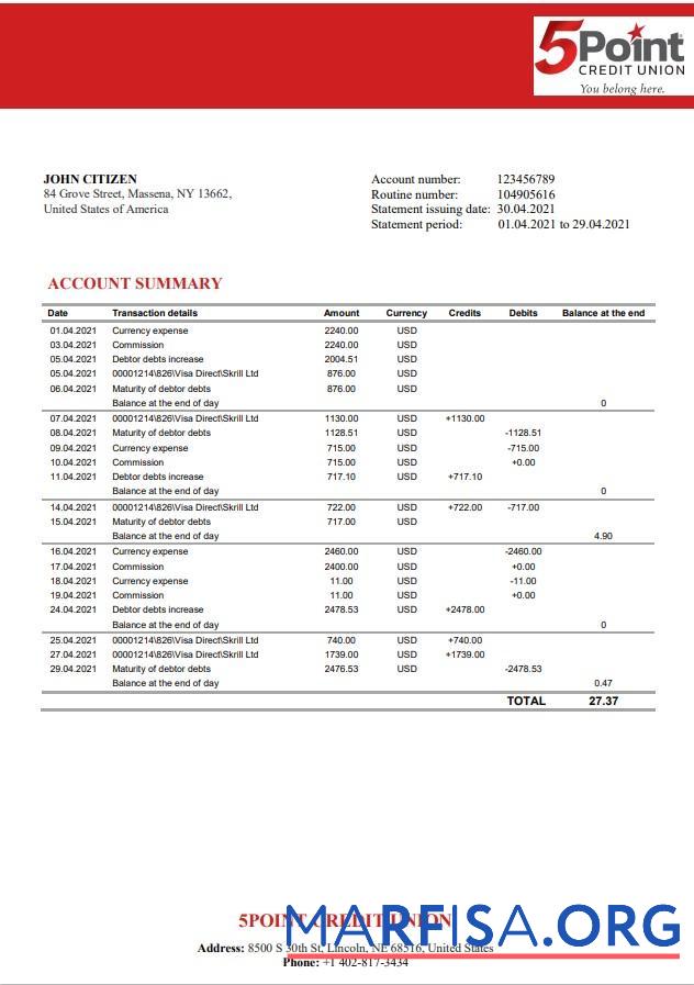Realistic USA Texas 5Point Bank J.C. bank statement word real example